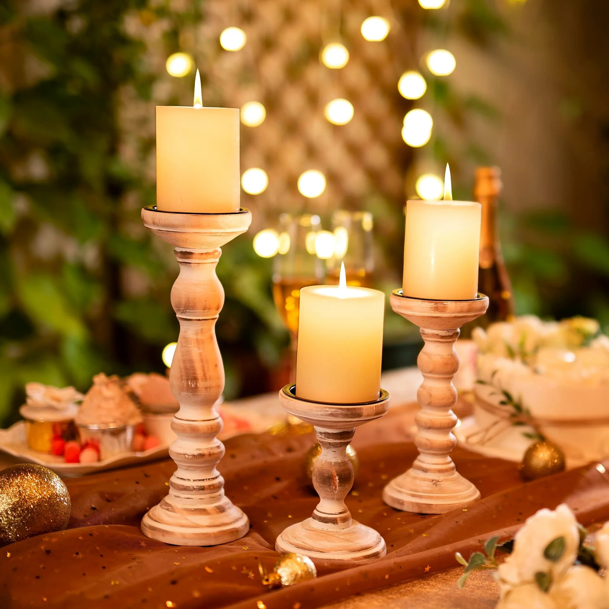 Rustique Bougeoirs en Bois Pilier - 3 Pcs Bougeoirs en Bois Bougeoir Pilier Ensemble Blanc Détresse Shabby Chic Photophores pour Centres de Table de Mariage Ferme Maison Décoration Chambre