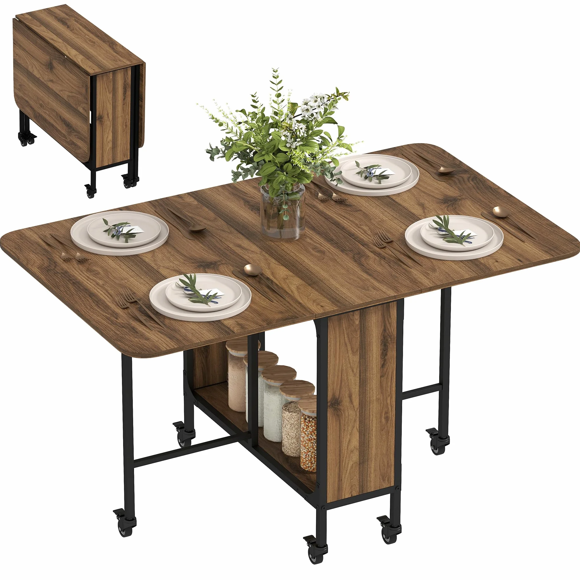 HOMCOM Table à Manger Pliante sur roulettes, Table de Cuisine pour 6 Personnes avec 2 abattants et étagère intégrée, pour Petits espaces, Salle à Manger, 130 x 80 x 74 cm, Marron