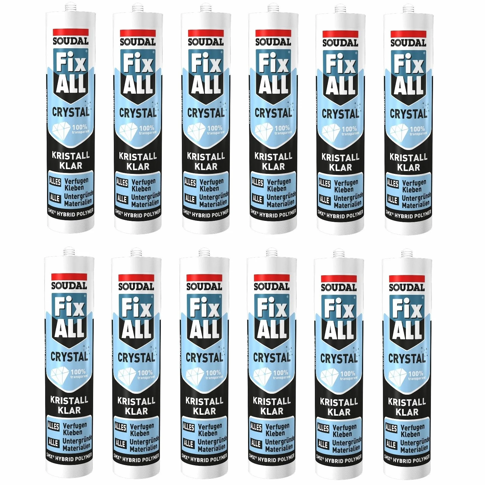 Soudal Fix All Crystal Lot de 12 tubes de colle universelle Transparent 290 ml Avec buse à clip