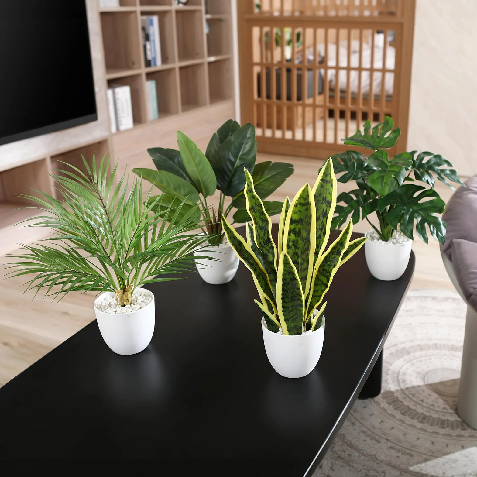 SOGUYI Plante Artificielle 40cm Sansevieria/Areca Palm/Bird of Paradise/Tropical Monstera Fausse Plante pour la Maison, Bureau et Décoration Interieur Exterieur(4 Stück)
