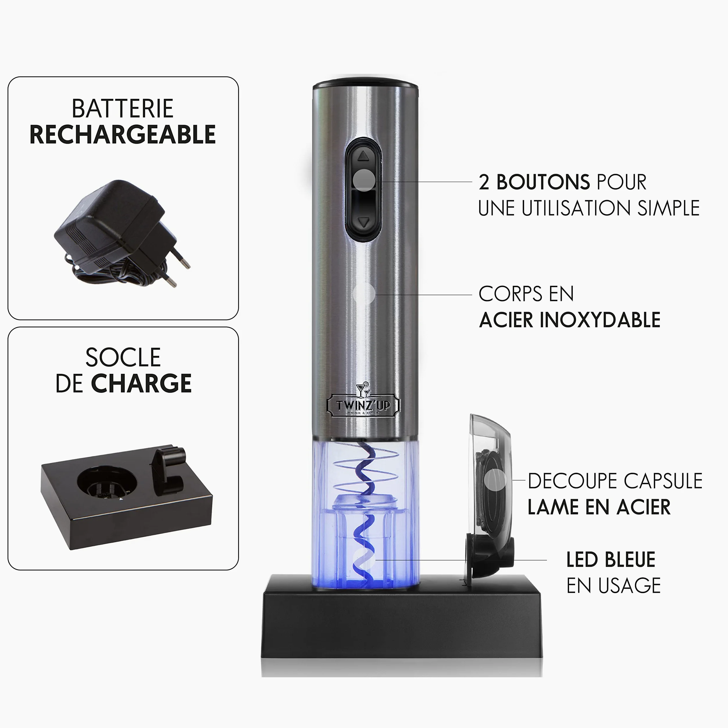 Twinz’Up Tire Bouchon Electrique Rechargeable - Coffret Cadeau Homme - Ouvre Bouteille Electrique sans-Fil avec Socle Chargeur et Coupe-Capsule