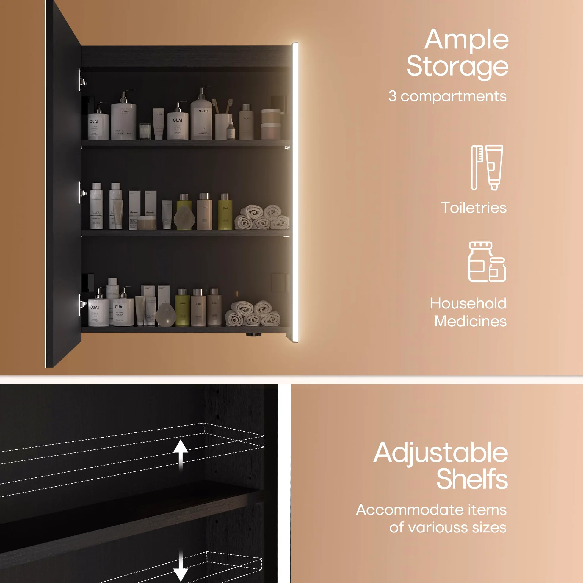 Armoire à pharmacie lumineuse à DEL de 76,2 cm x 58,2 cm avec miroir, bois résistant à l'humidité, intensité variable en continu, 3000 K/5500 K, étagère réglable, design à plat