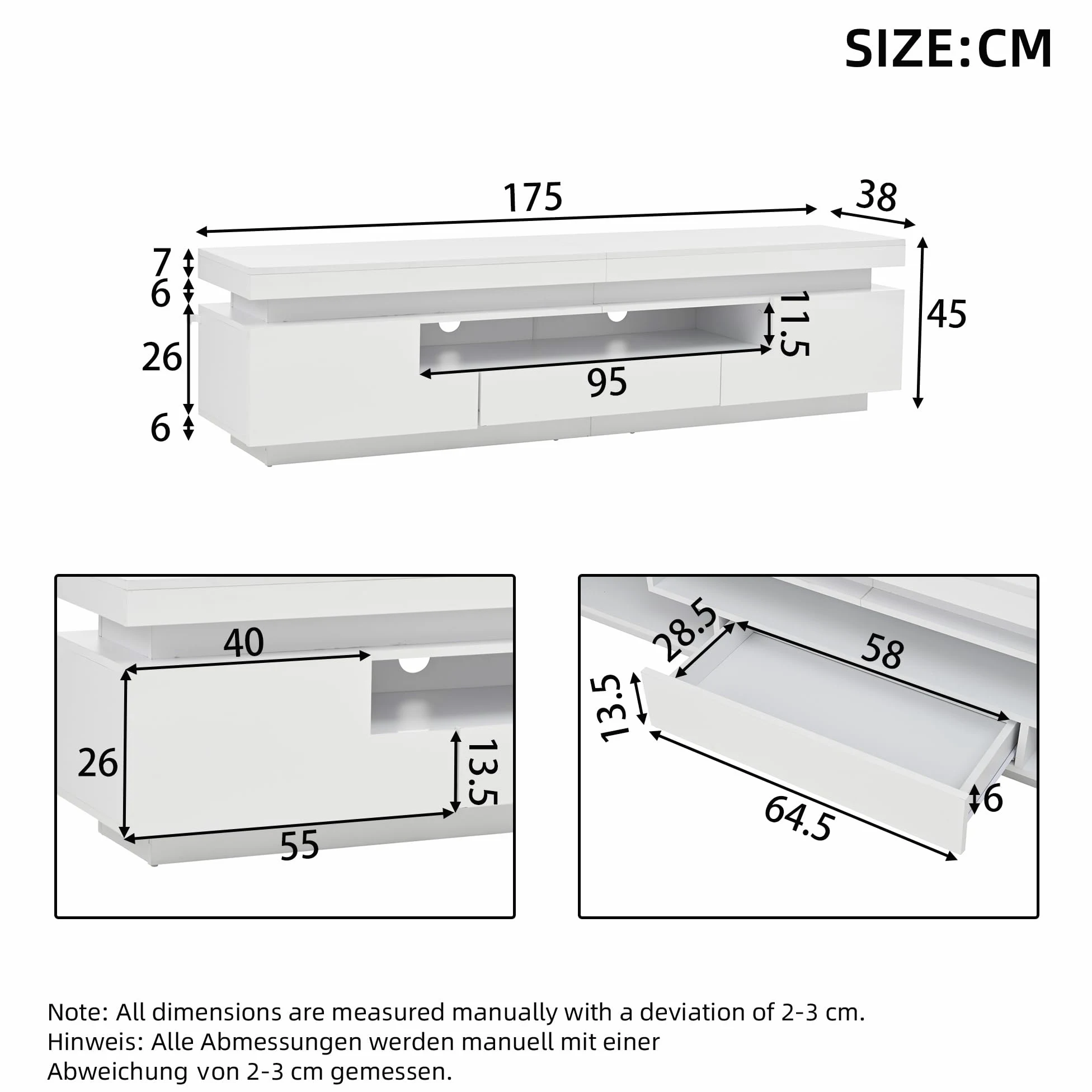 Meuble TV à Haute luminosité avec LED Portes tiroir Panneau Bas pour TV Jusqu’à 75 Pouces Meubles de Base avec Espace de Rangement Semi-Ouvert pour Le Salon Table d’Armoire TV Blanc