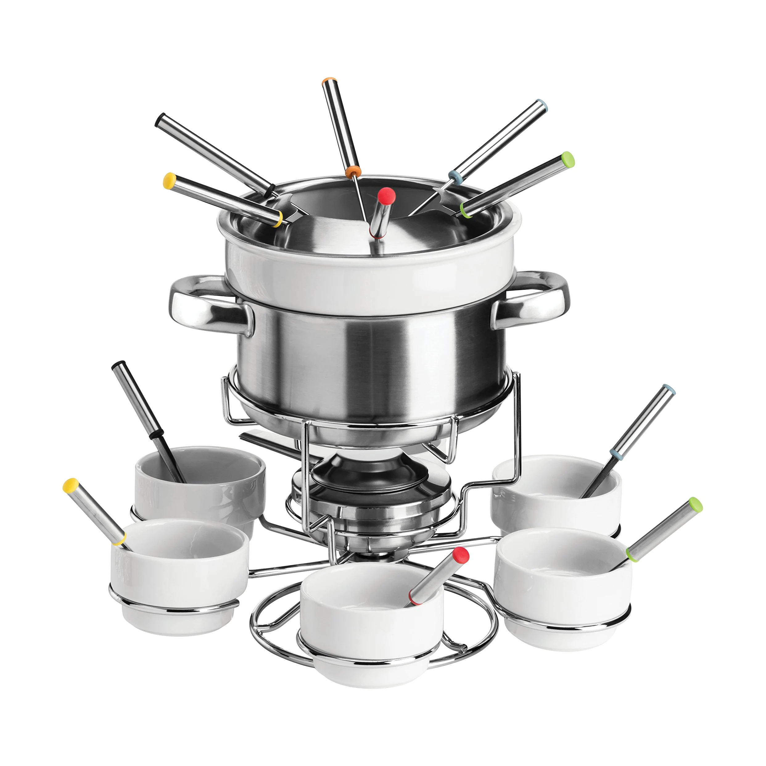 Service à Fondue en Acier Inoxydable et Porcelaine, Blanc- 6 Personnes