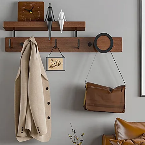Porte-manteau avec étagère de rangement – Crochets muraux en bois pour couloir, salle de bain, salon, chambre à coucher