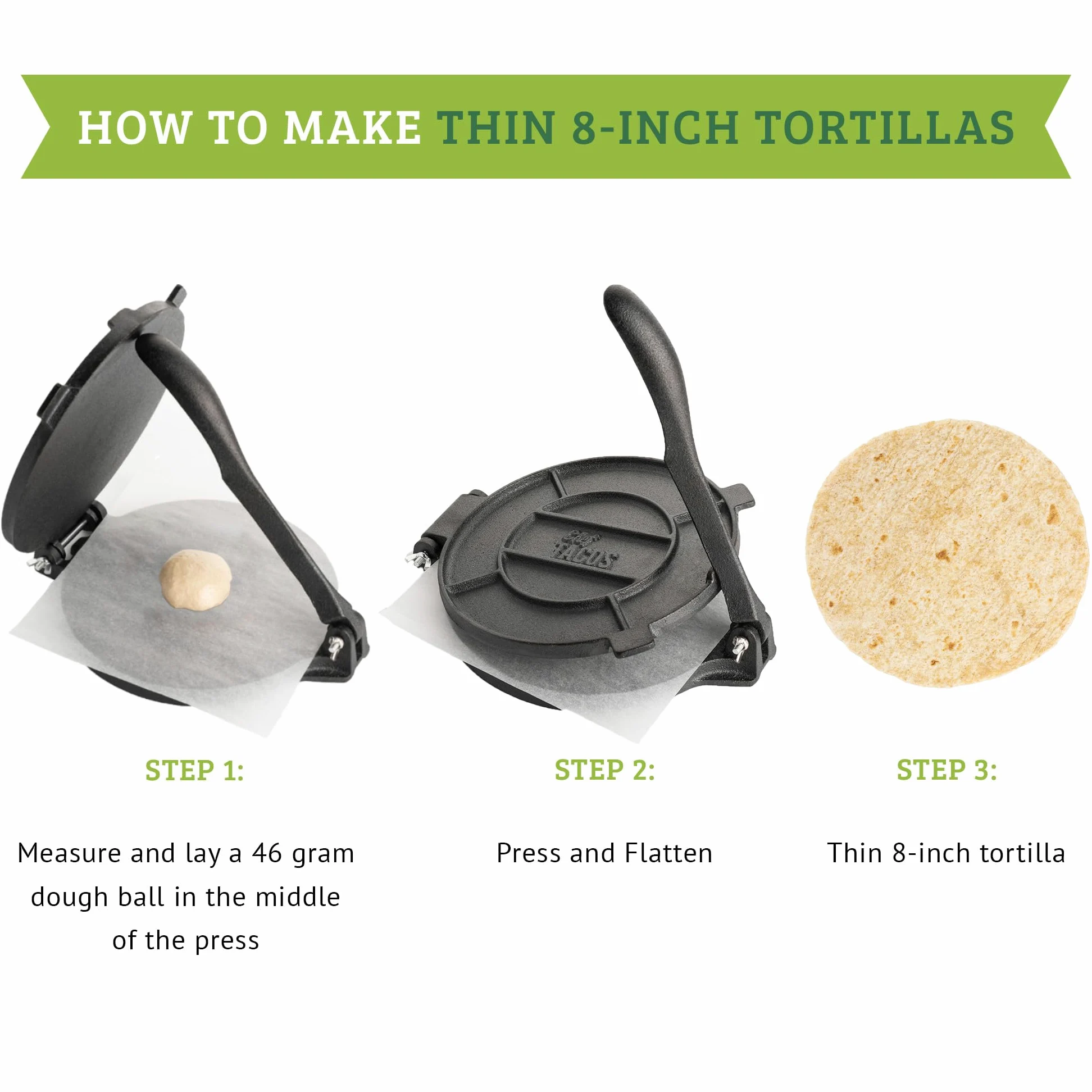 Presse à Tortillas en Fonte Authentique (20,3 cm) Machine à Tortillas de Maïs ou de Farine Pré-assaisonnée, Pataconera, Pâte à Roti