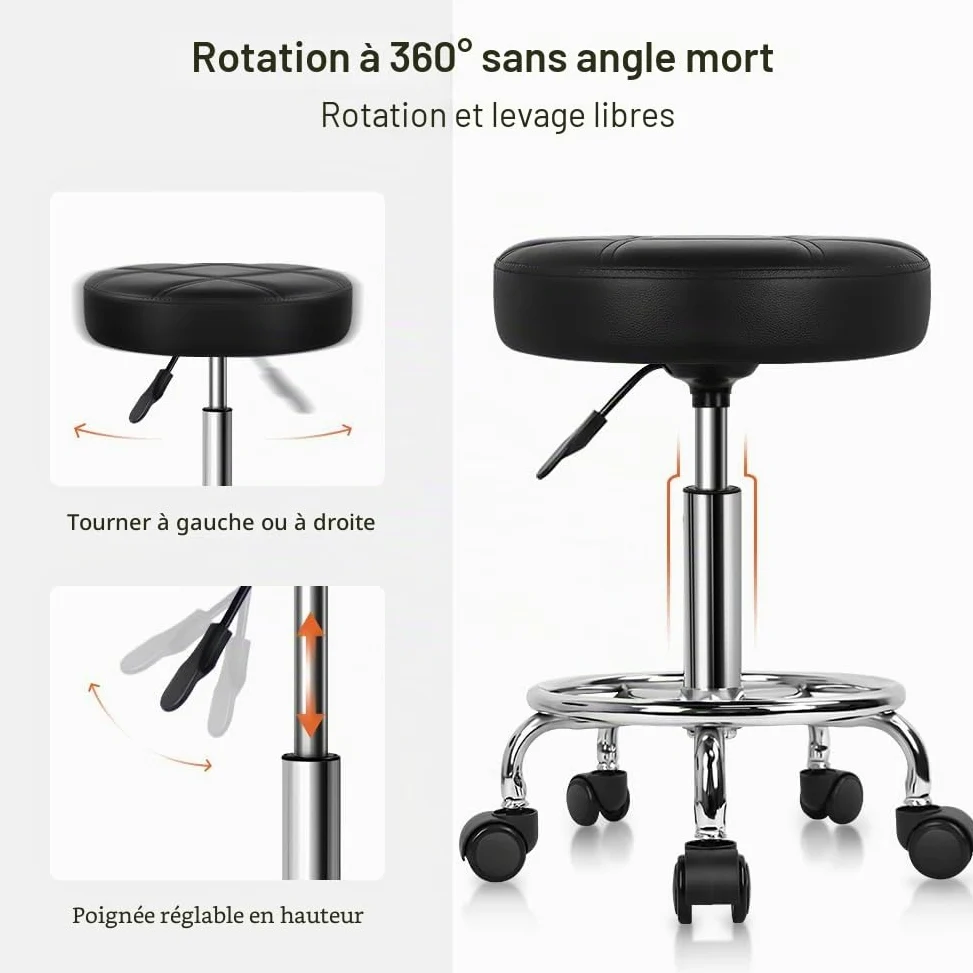 KKTONER Tabouret de Bureau Tabouret de Travail à roulettes d'atelier réglable 49-64cm en Cuir synthétique Noir