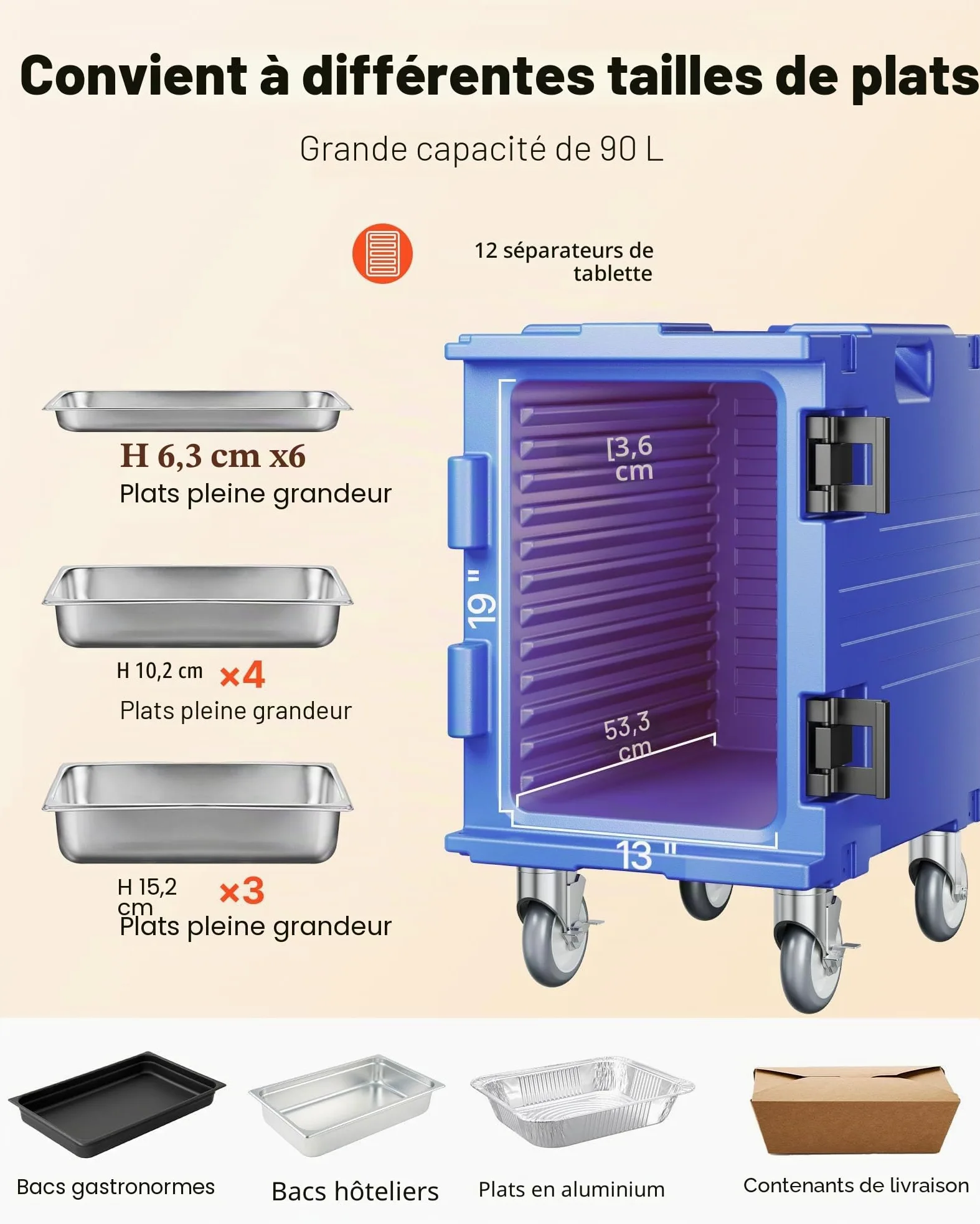 VEVOR Conteneur Isotherme sur Roulettes 90 L, Boîte de Transport en LLDPE à Chargement Frontal avec Poignées, pour Garder au Chaud ou Froid Traiteur Restauration Restaurant Cantine 447x625x755 mm