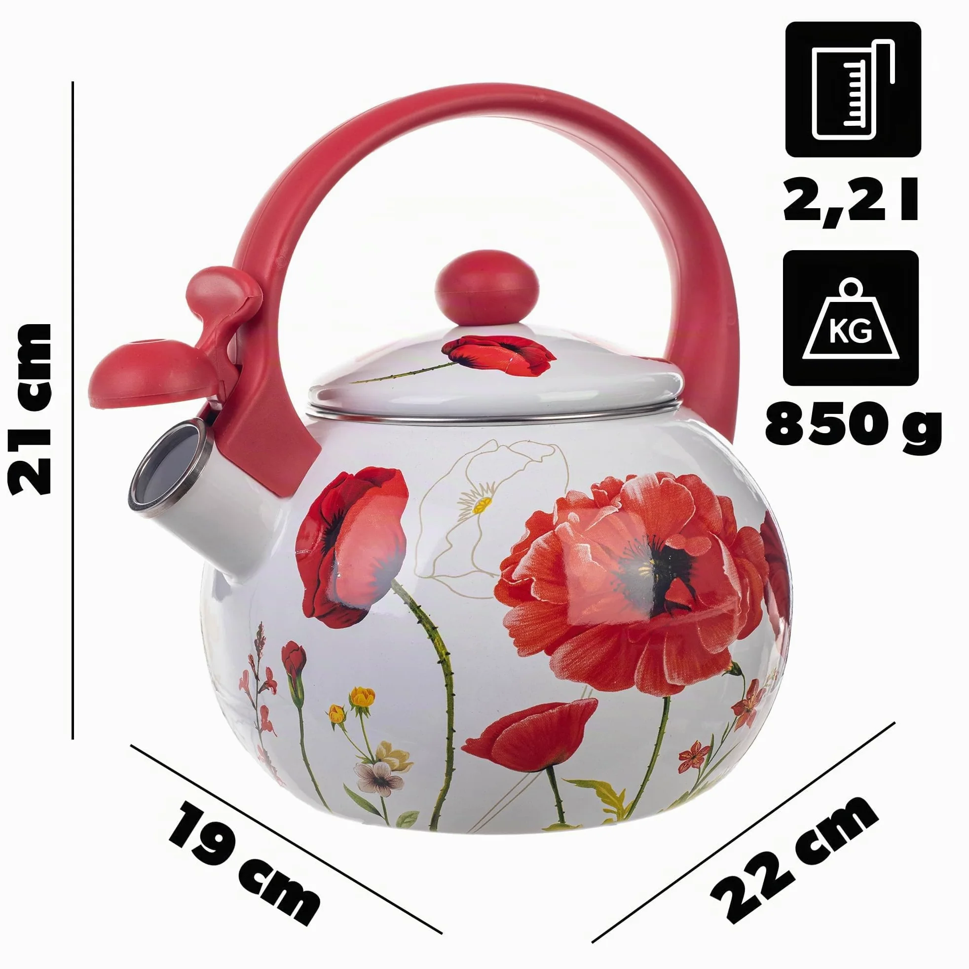 KADAX Bouilloire Sifflante en Acier 2.2L, Théière Émaillée pour Cuisinières à Induction et à Gaz, Dotée d'une Poignée Ergonomique et d'un Sifflet Intégré (Fleurs rouges)