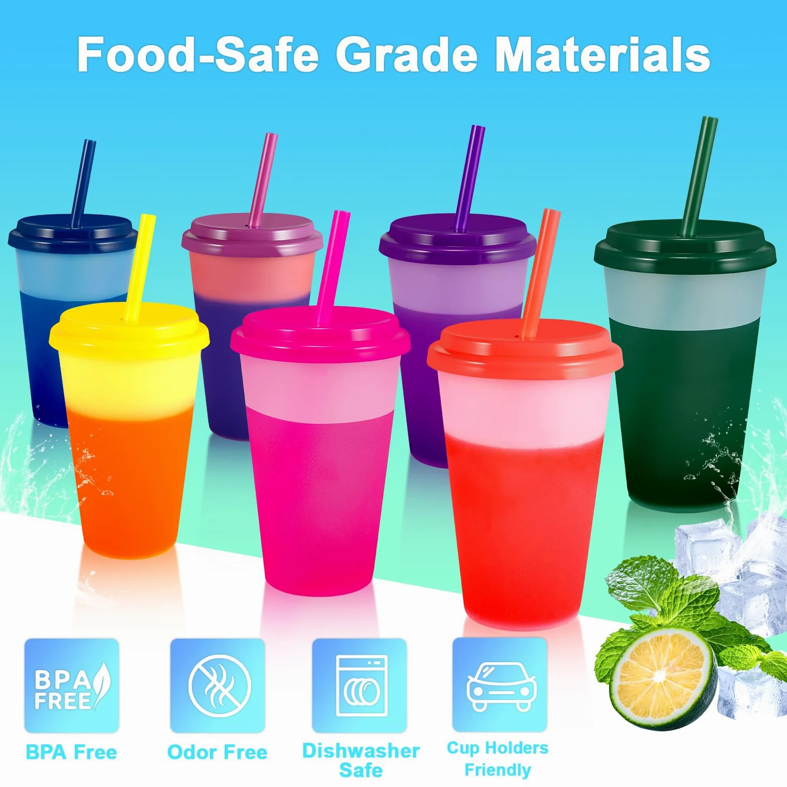 Patinao Lot de 14 gobelets avec paille et couvercle – 350 ml – Gobelets à changement de couleur réutilisables en plastique pour enfants – Tasse de voyage, tumbler, café glacé, boisson froide,