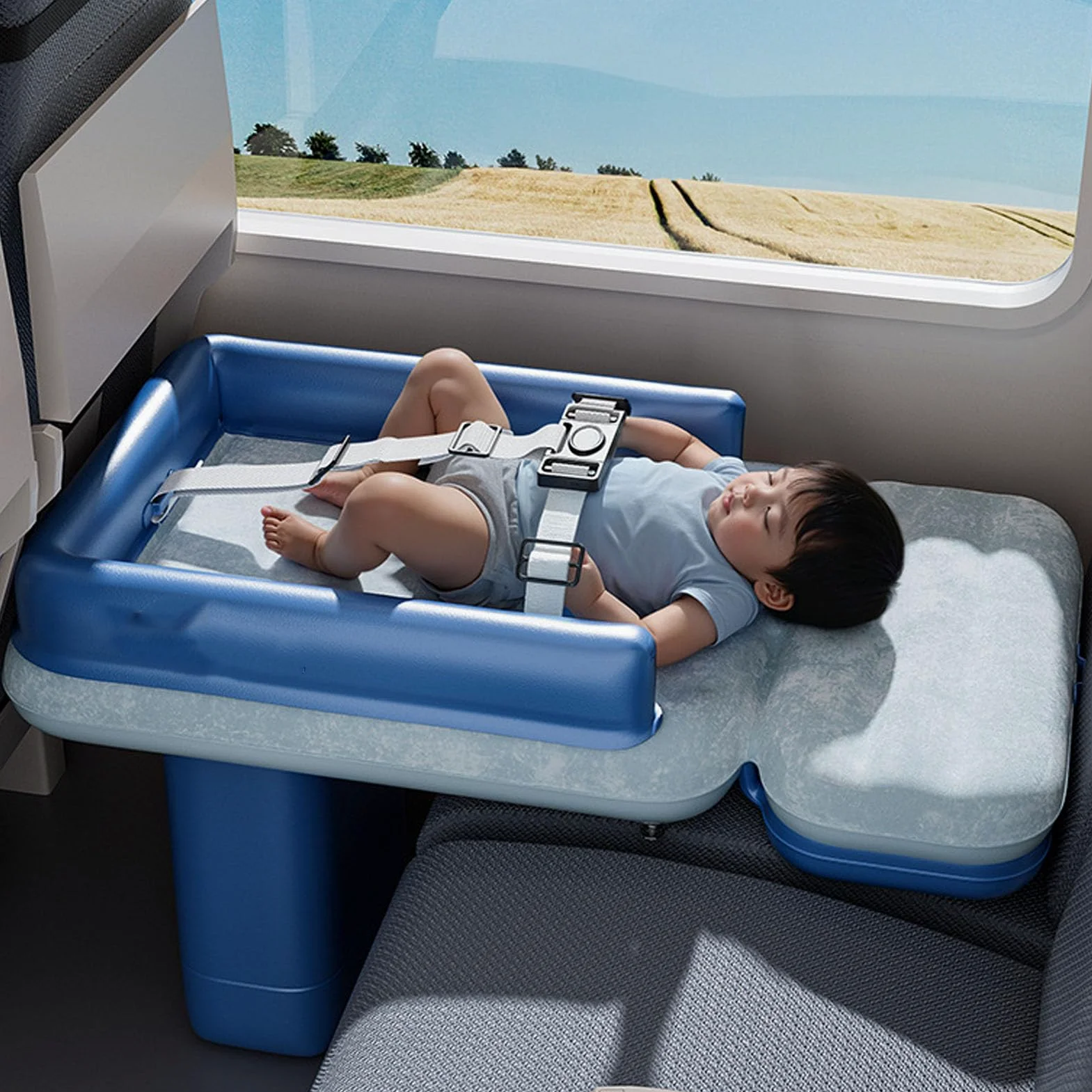 Lit Gonflable de Voyage avec Coussin épais, Bleu | Extension de siège arrière de voiture d'avion, matelas de couchage de voyage pour enfants en bas âge, sac de transport