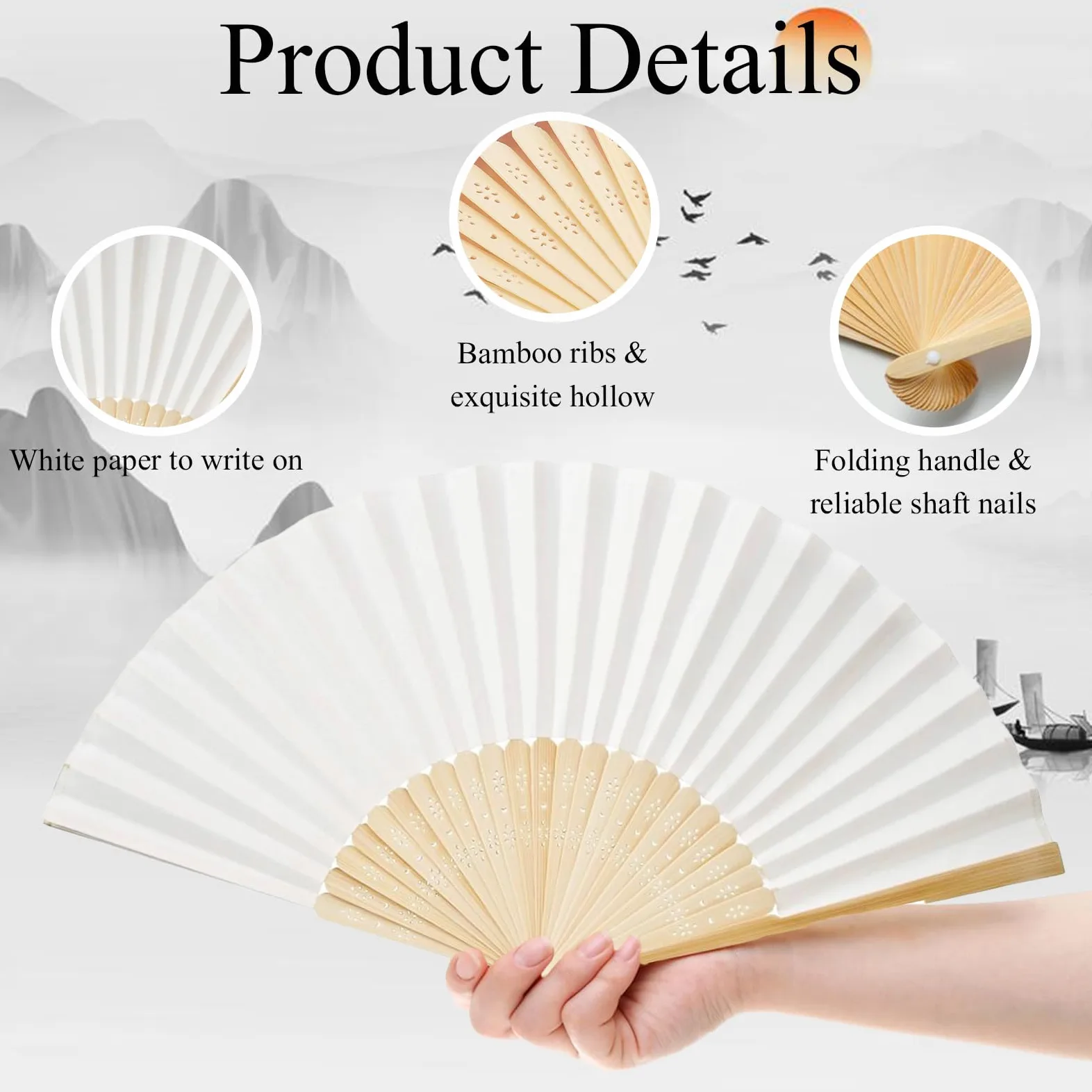 6 Pièces Eventail Blanc Manche pour Mariage et Fête - Bricolage Cadeaux, Décoration Murale, Eventail Papier Pliants Personnalisable