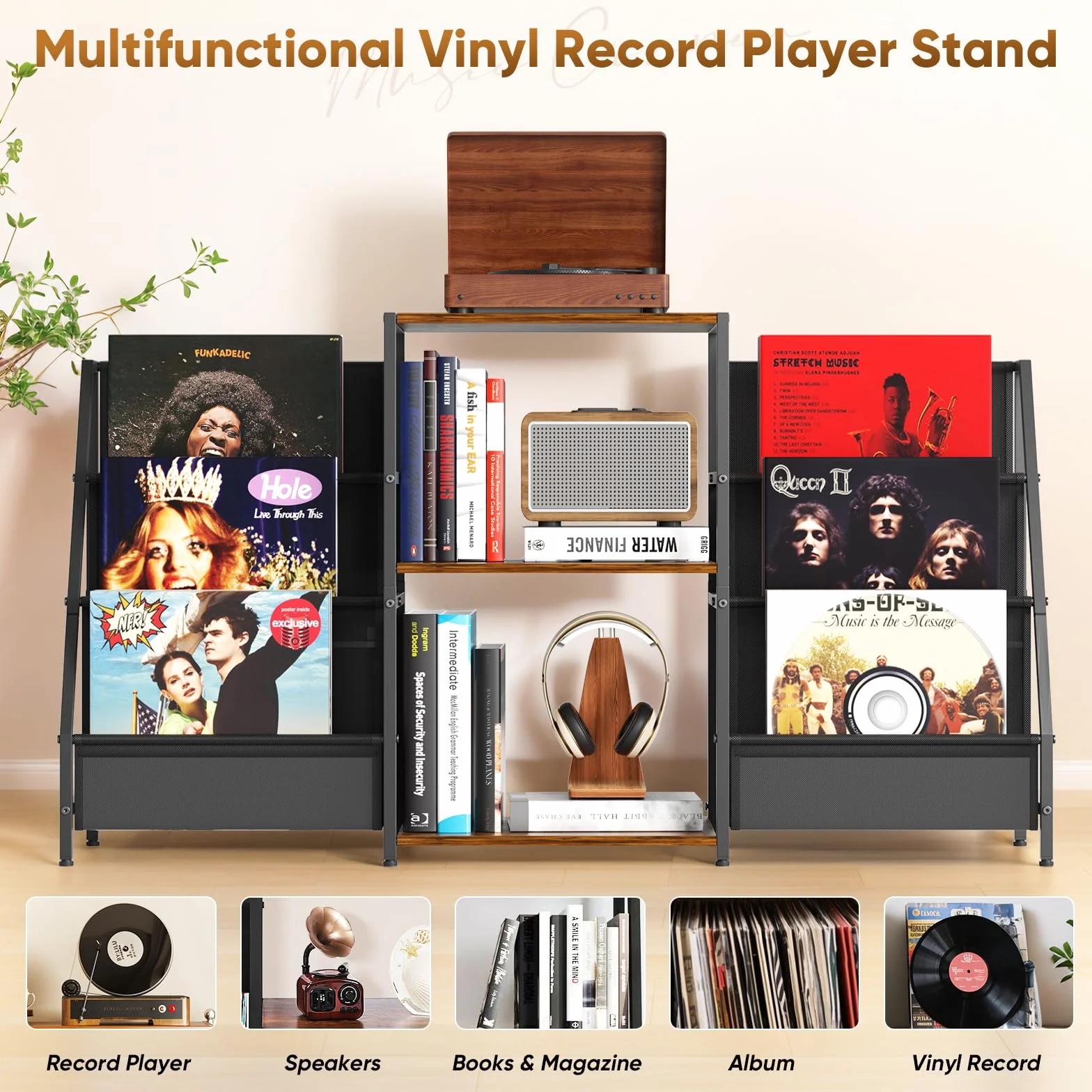 Plateau pour platine vinyle, support pour disques vinyles, support pour disques vinyles avec lecteur vinyle pour jusqu'à 300 albums, plateau pour platine vinyle avec lecteur multimédia vinyle