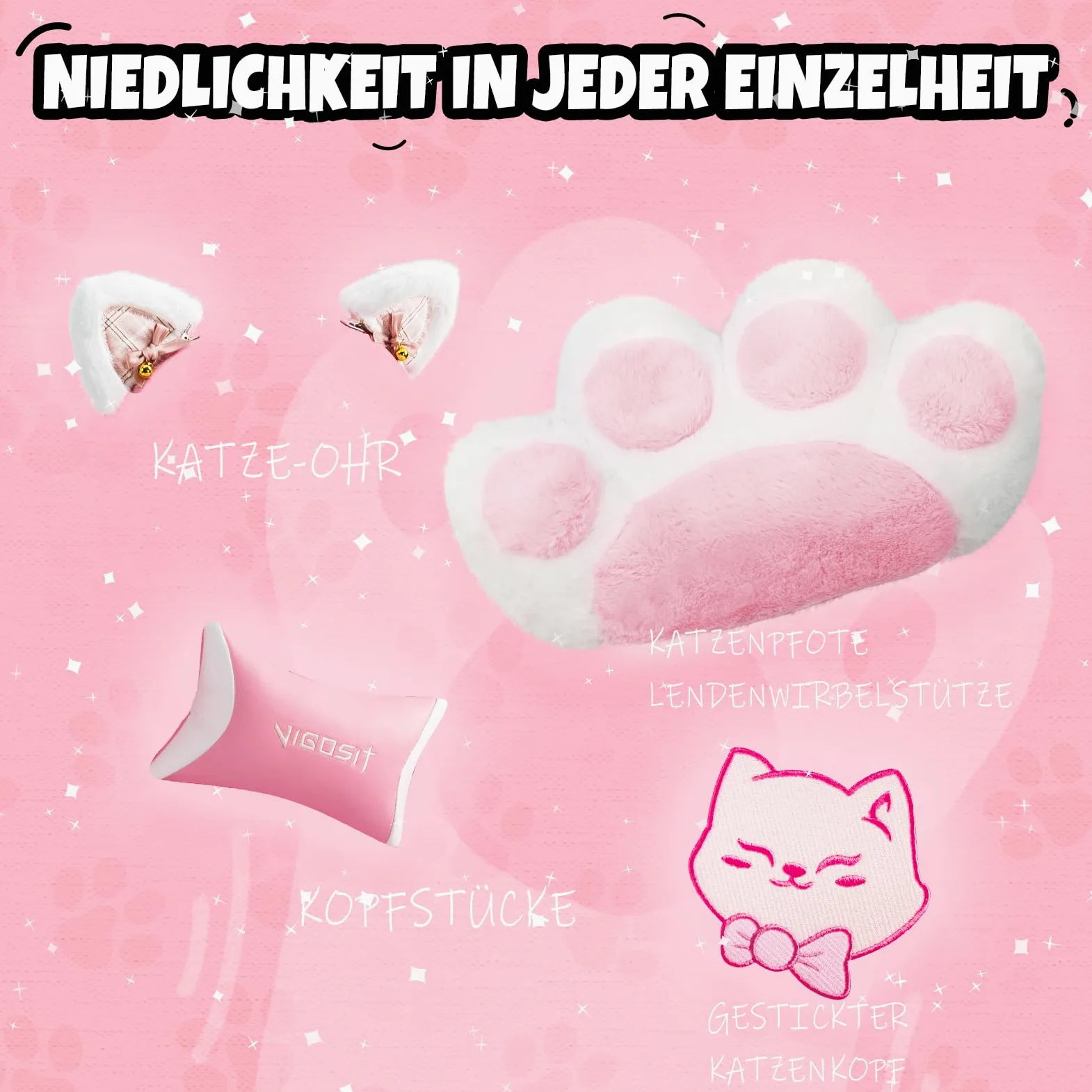 Vigosit Chaise de jeu PC mignonne, ergonomique, avec coussin lombaire et oreilles de chat, repose-pieds réglable, pour filles, adolescentes, enfants, rose