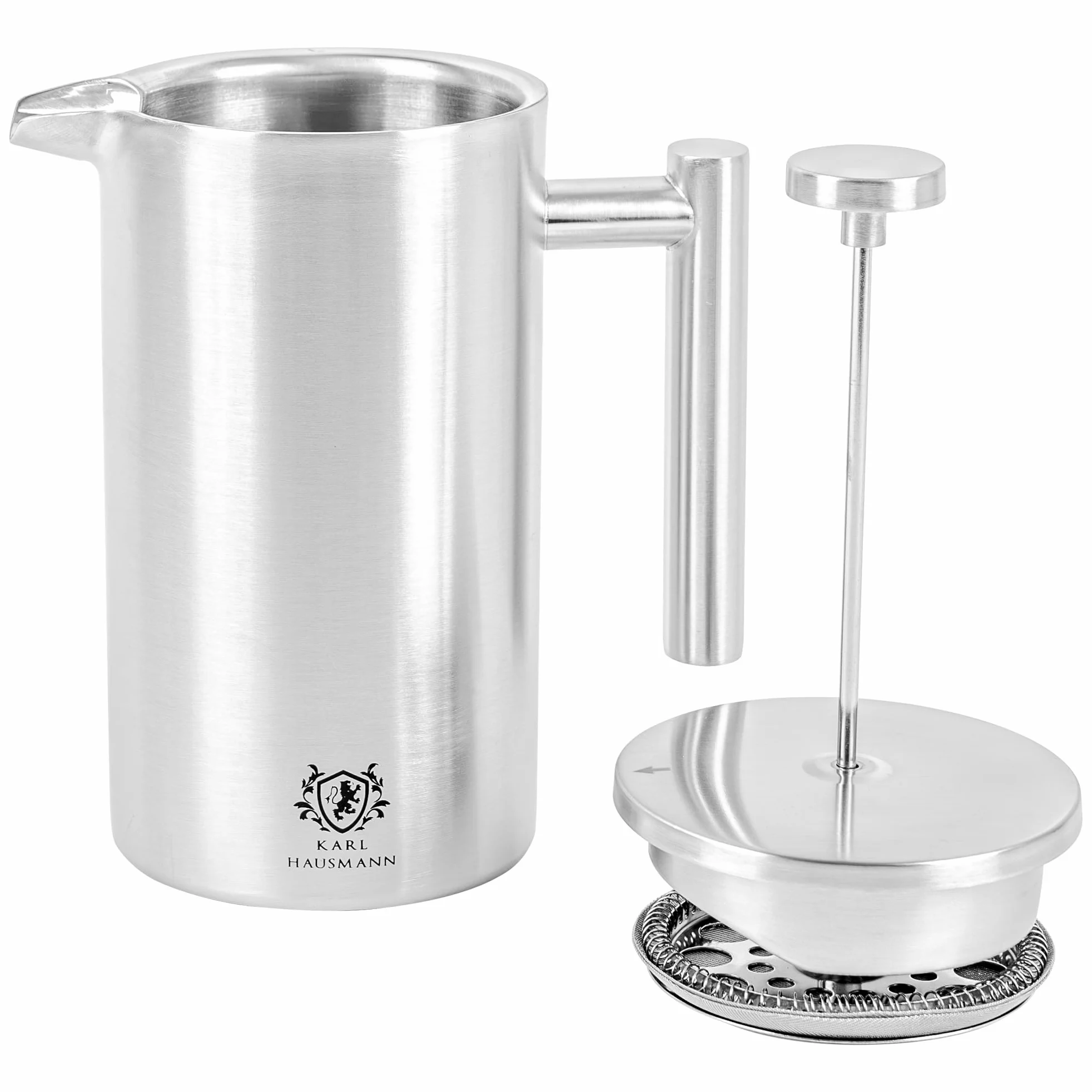 KARL HAUSMANN Cafetière à Piston Inox 1 L, Argent | French press isotherme 1000 ml à double paroi avec filtre multicouche, env. 8 tasses, pour café, thé et plantes