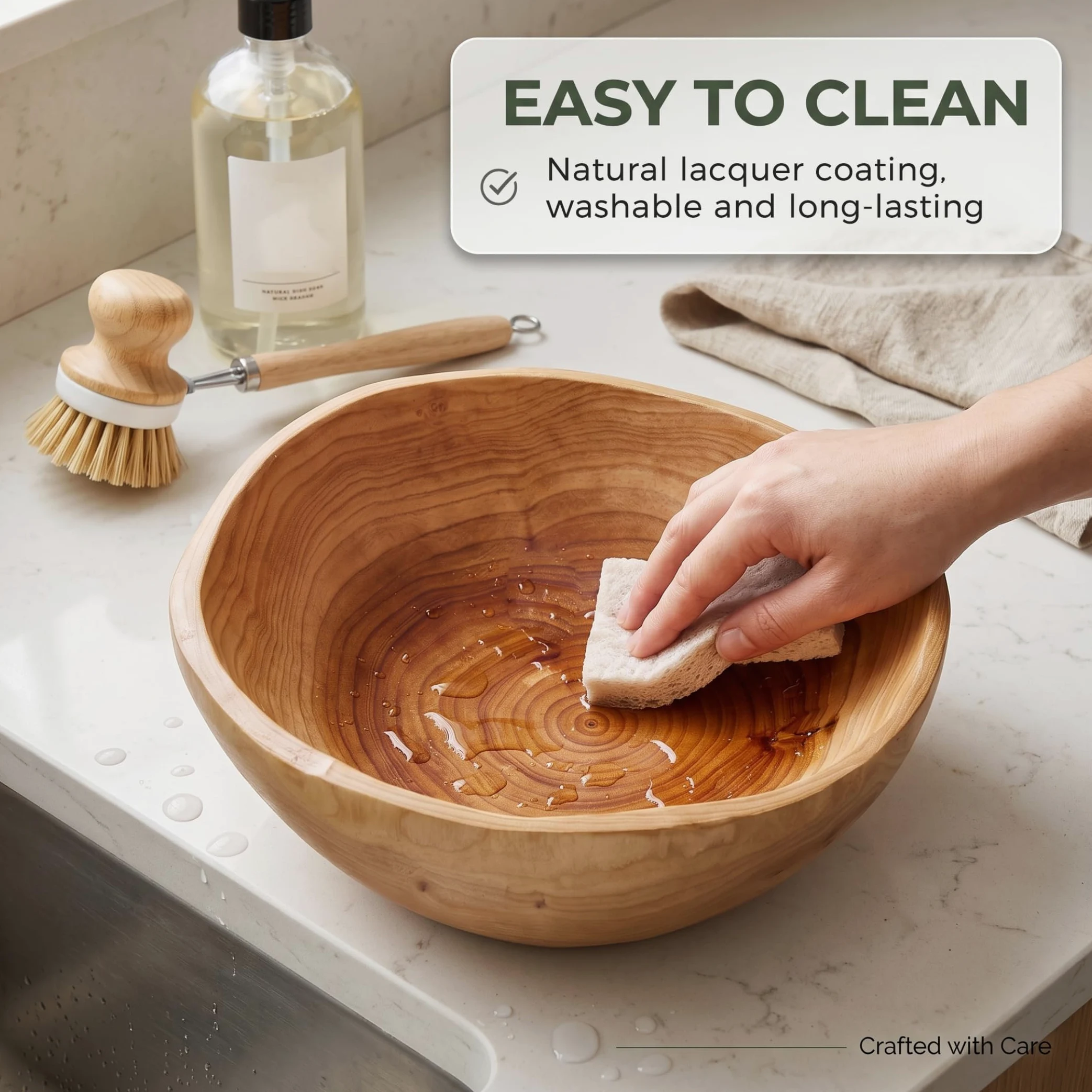 Bol en bois avec bol en bois enduit de grain naturel, 10-11 pouces | Lisse sans bord, construction robuste, lavage facile, convient aux fruits, salades, bijoux, clés.