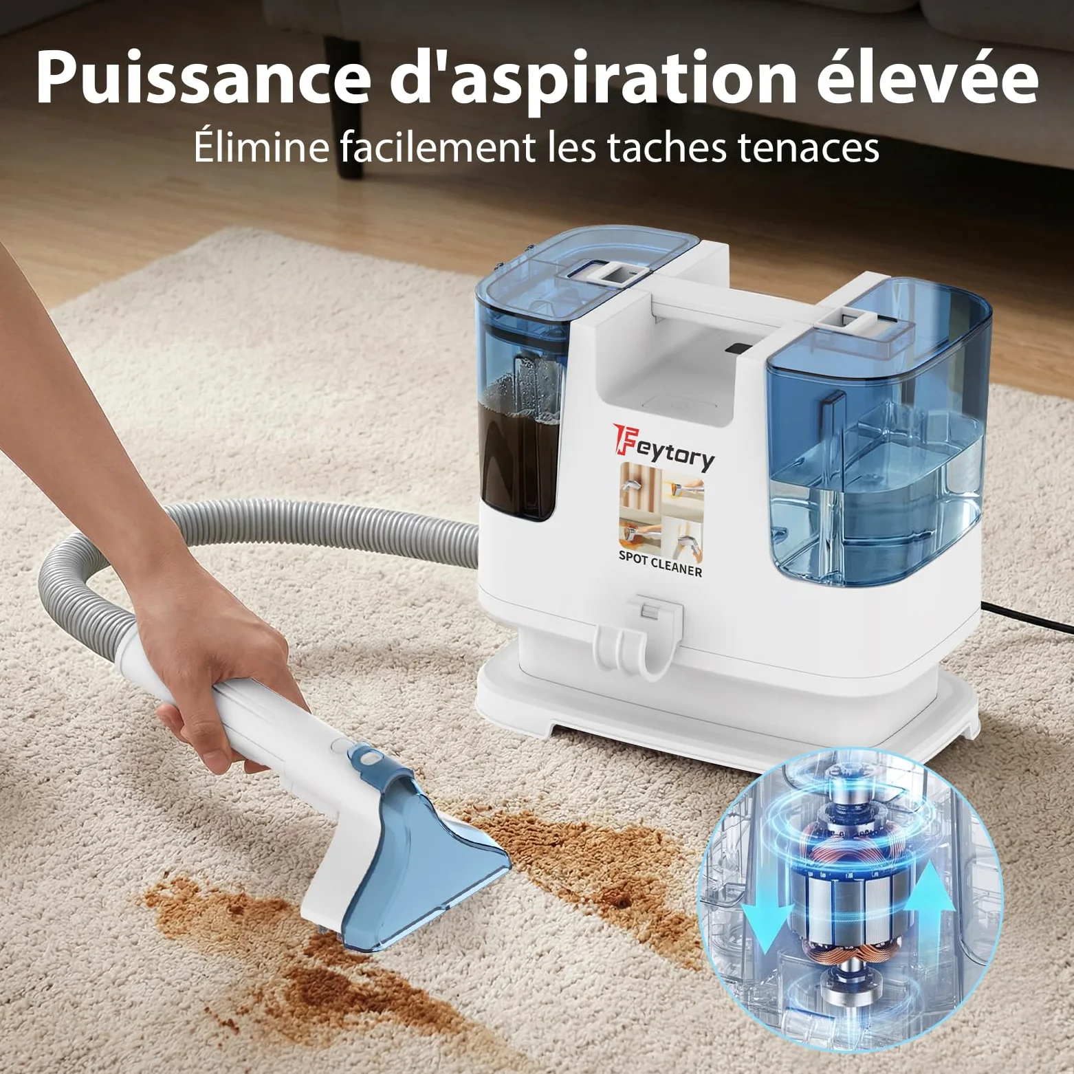 Aspirateur Nettoyeur Portable 430W 15KPa, Shampouineuse Canapé avec Double Réservoir 0,6L, Fonction Autonettoyante, Brosse Large & Petite, pour Tissus, Cuir, Moquette, Coussins, Intérieur Voiture