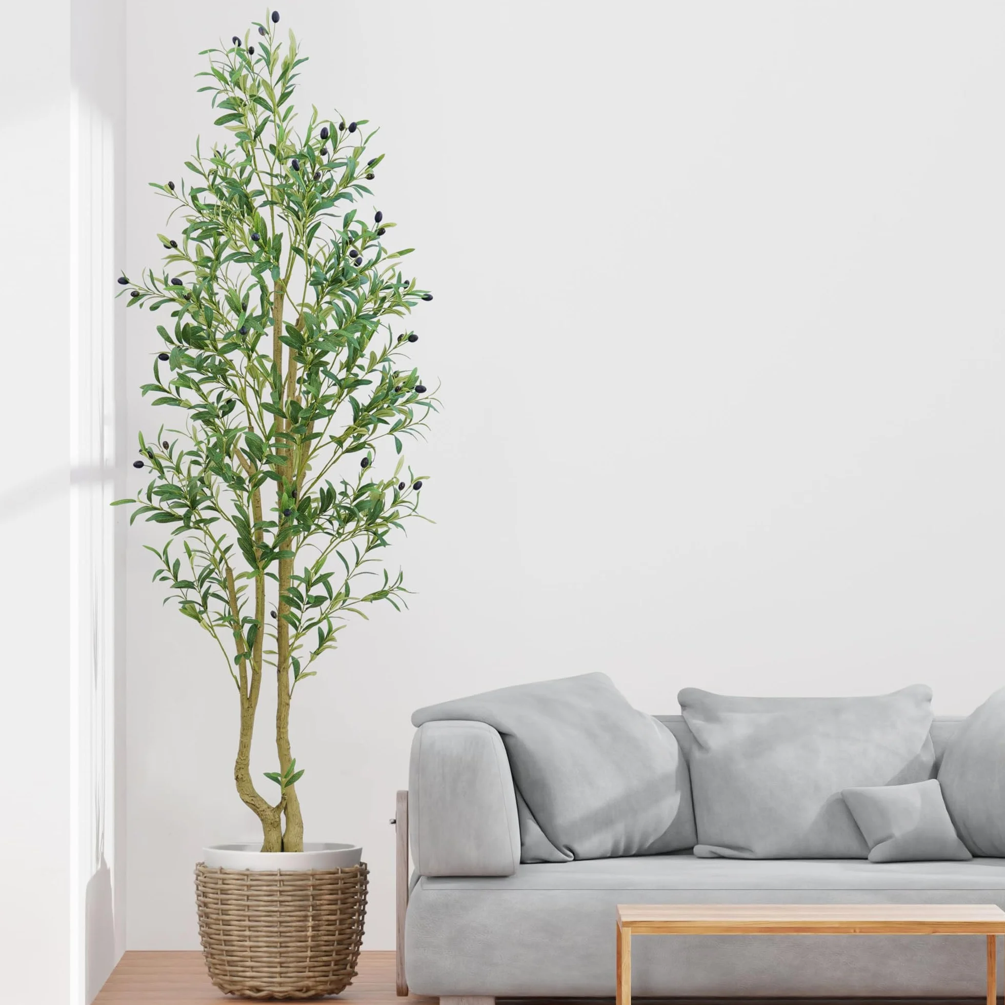 HZXGCP Olivier artificiel de 1,8 m avec pot blanc, faux arbre avec 1296 feuilles denses et 72 fruits d'olivier artificiels – Assemblage facile, nécessite peu d'entretien (olivier de 1,8 m)