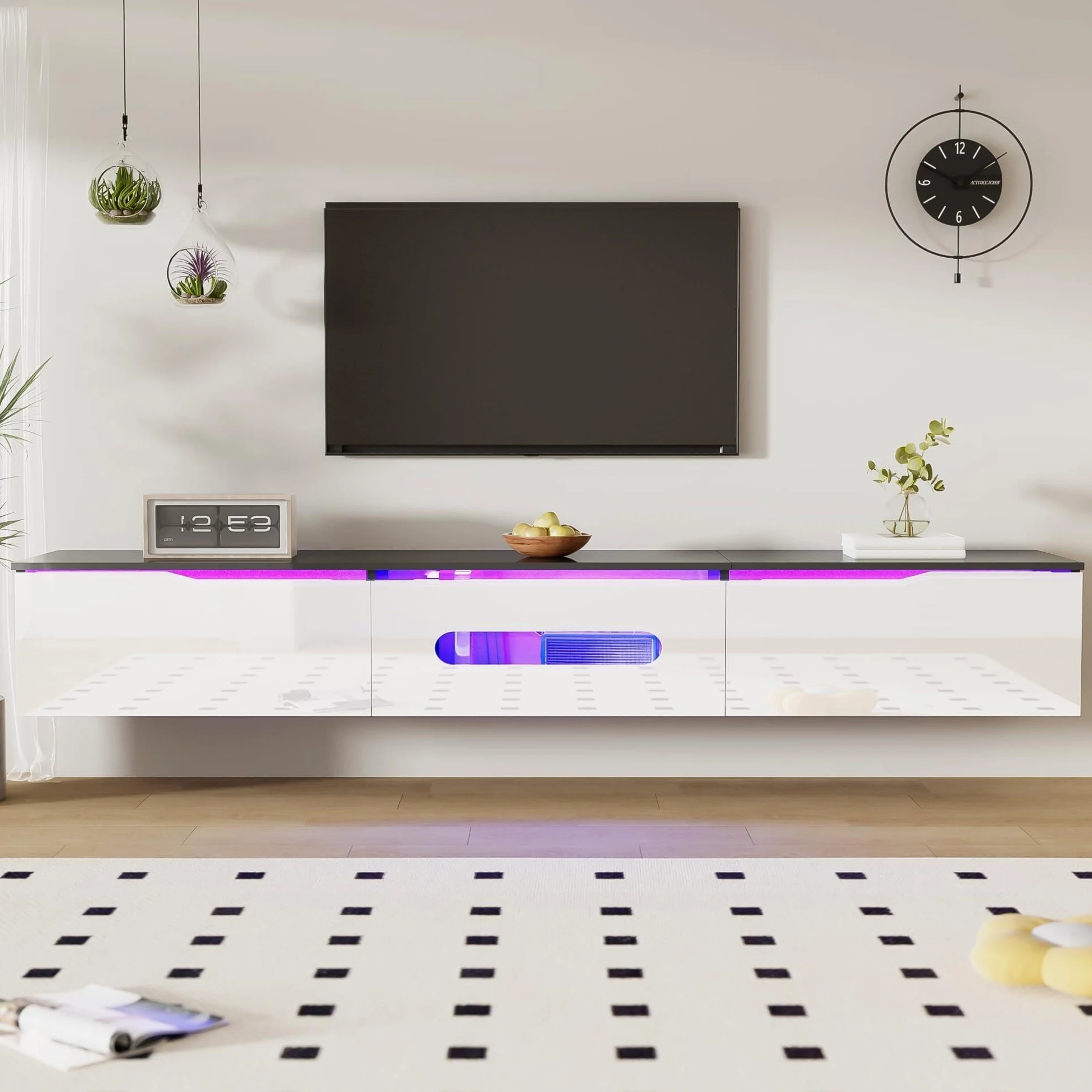 BTM Meuble TV Blanc et Noir avec Éclairage LED, Meuble TV Moderne avec Rangement, Meuble Télé 180cm pour Salon, Suspendu ou au Sol, Porte Pliante Haute Brillance, Charge de 50kg, 180x35x30cm
