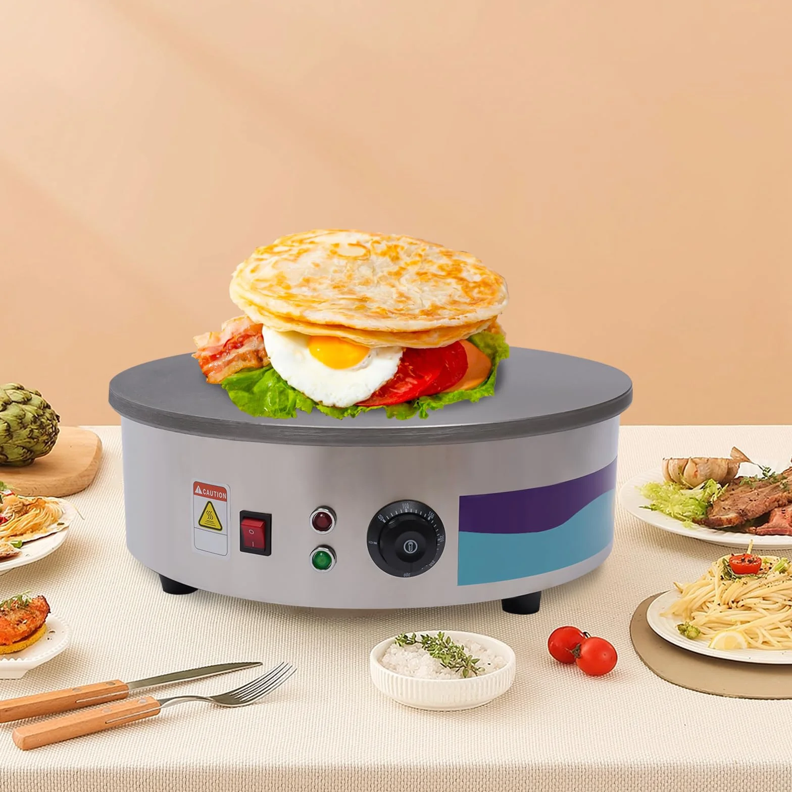 Crêpière électrique à crêpes en acier inoxydable 2800 W 45 cm 220 V professionnel commercial pour crêpes, plaque en acier inoxydable, spatule, distributeur, crêpes, omelettes