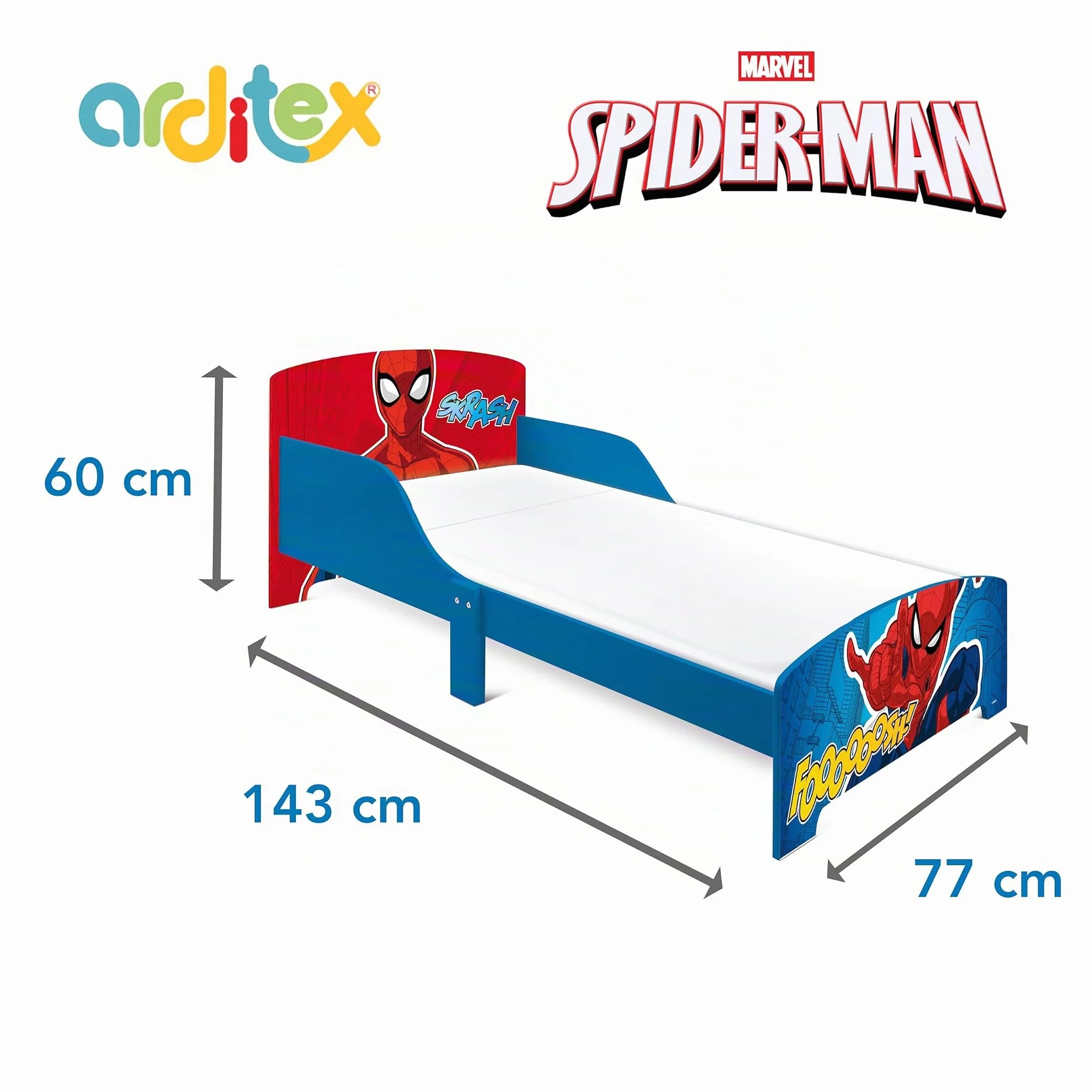 ARDITEX - Lit Enfant en Bois Marvel Spiderman - 77x143x60cm - Couleur Bleu et Rouge - Convient aux Matelas Standards 70x140cm - Montage Facile