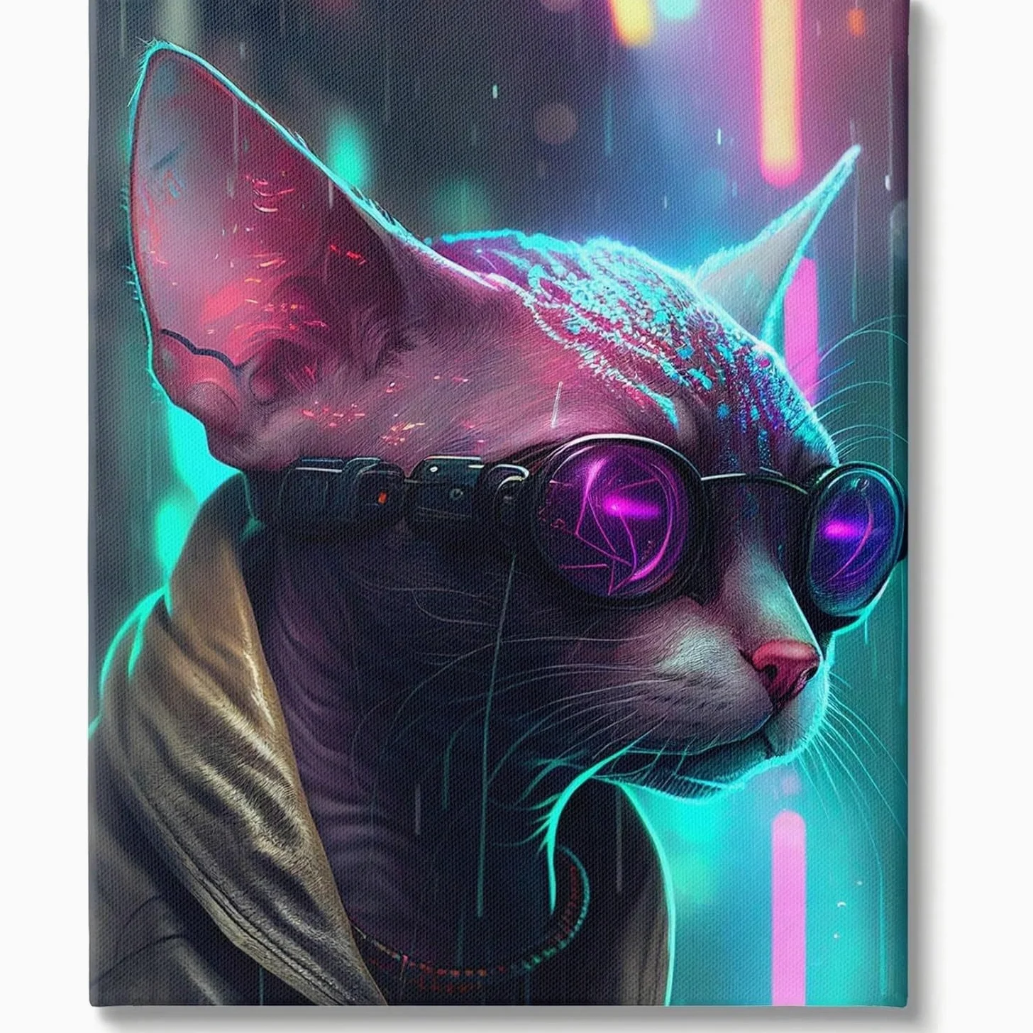 AIHNBF Tableau Cyberpunk Chat Sphynx Portrait Néon Art Mural Impression sur Toile Décoration Murale Sci-Fi Moderne pour Salle de Gaming Chambre Bureau Déco Style Futuriste 50x75cm